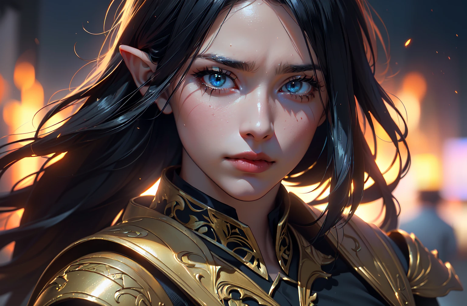 ((masterpiece)),(best quality), ((mature)) beautiful 1woman elf ranger, ((cinematic)), dynamic:1.2, intricate ((closed realistic)) armor, particles:1.2, (pastel:1.2), (black hair), (intricate cinematic background:1.2), (depth of field), (emotional face),  fantasy, thriller, (Action movie), amazing, Powerful, Mysterious, ((dramatic scene from movie))