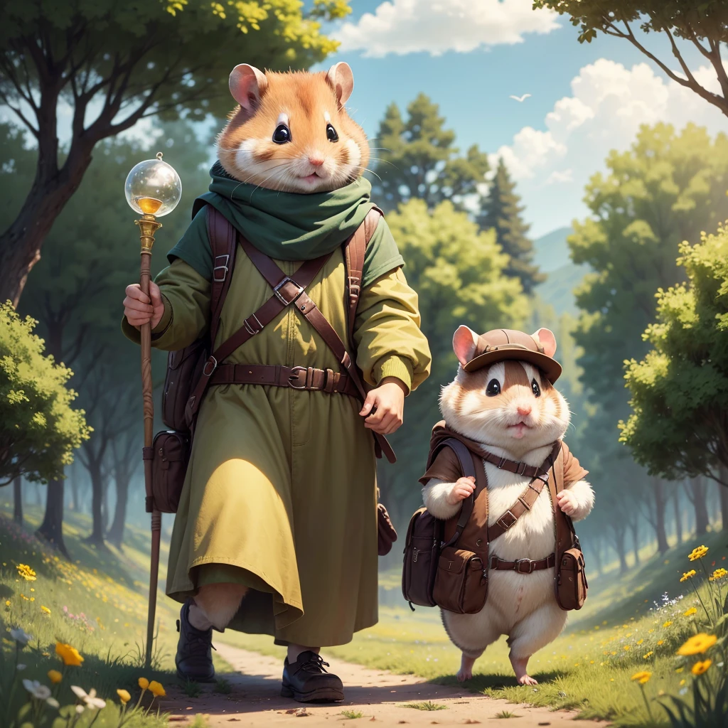 A hamster in the form of a traveler walks through a field with a staff in his hand, hamster traveler, hamster leans on a staff, hamster with a backpack dressed as a traveler, higly detailed, hight resolution, tmasterpiece, Best Quality