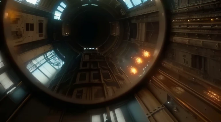 Mirror shot of a train passing through a tunnel, steampunk airships fly overhead, NieR Automata spaceship style, Steampunk style airship, epic spaceship scene, Detailed cinematic footage, Complex machines in space, Highly detailed and hyper-realistic visuals, worm hole, surreal sci fi set design, cinematic opening shot, movie establishing shot, dream sequence. apprentice