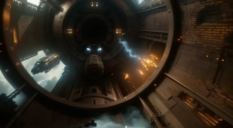 Mirror shot of a train passing through a tunnel, steampunk airships fly overhead, NieR Automata spaceship style, Steampunk style airship, epic spaceship scene, Detailed cinematic footage, Complex machines in space, Highly detailed and hyper-realistic visuals, worm hole, surreal sci fi set design, cinematic opening shot, movie establishing shot, dream sequence. apprentice