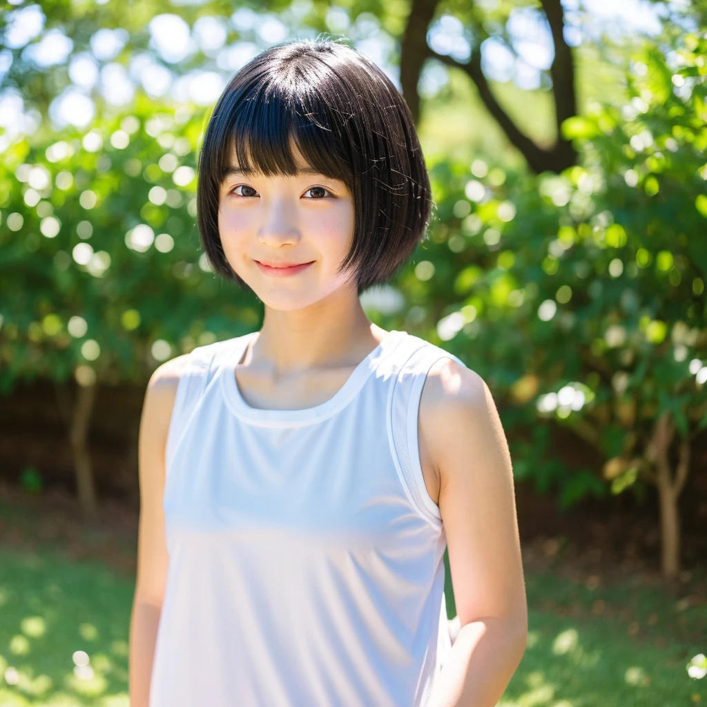 Japan Girl, girl with(13years),Short hair, Black hair, Teen, Baby face, kawaii, Natural lighting, Soft shadows, Joyful expression, Ministry work、Athletics、full bodyesbian、frontage