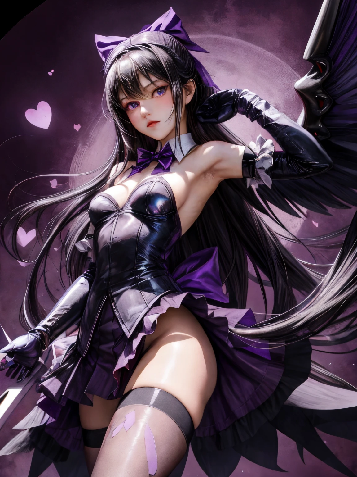 masterpiece, best quality,de-homura, 1girl, akemi homura, akuma homura, solo, long hair, gloves, thighhighs, black hair, wings, elbow gloves, argyle, purple eyes, black gloves, bare shoulders, dress, bow, hair bow, looking at viewer, argyle legwear,(kbxll:0.6)