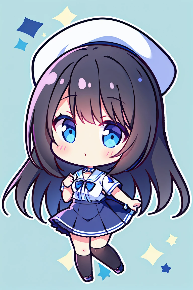an anime girl, 1 person, black hair, hair clip on the right side of her bangs, black cap, light blue eyes, white women's shirt, small light blue bow on the chest, office uniform, shirt close-fitting, tight skirt, stockings,chibi,full body, big breasts, front view, solo