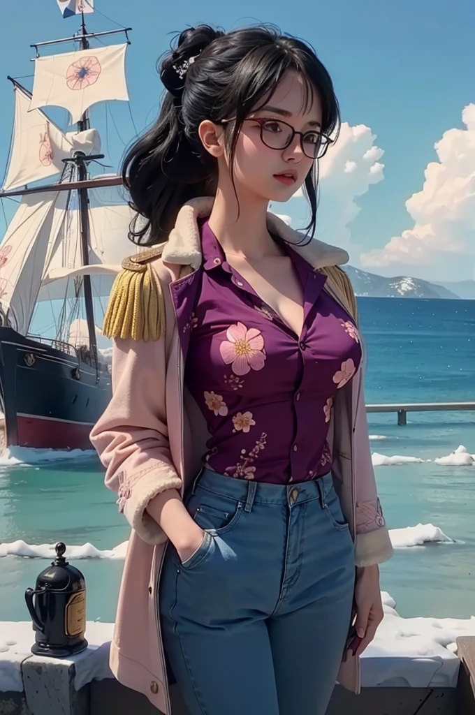 ultra realistic 8k cg, masterpiece, ((ultra detailed background, delicate pattern, intricate detail)), (highly detailed, fine details), best quality, (photorealistic:1.4),beautiful lighting,  absurdres, RAW photo, film grain, ((medium breasts, slim girl)), Tashigi, 1girl, solo, black hair, glasses, epaulettes, gloves, closed mouth, blue hair,  long hair, purple-framed eyewear, pants, coat, shirt, brown eyes, floral print, (complex detailed background, snowy nature environment, snow, daytime, sunny, close-up, portrait),((slim girl, medium breasts)),