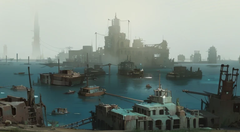 There are a lot of boats in the water,The background is a city, dystopian environment, an underwater city, dystopian city, Steampunk city, Scenic dystopian setting, Dystopian landscape, Submerged cities, dystopian wasteland, Dystopian atmosphere, foggy dystopian world, an underwater city, Future underwater metropolis, An abandoned dystopian city, dystopian scifi apocalypse, atlantis city, Old steampunk city, dystopian settings