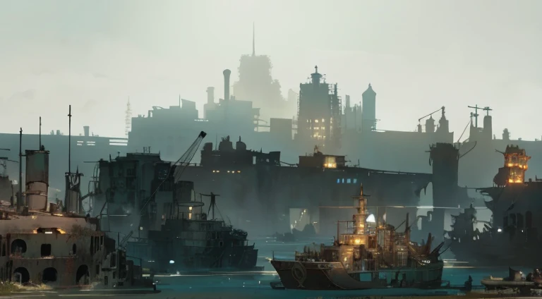 There are a lot of boats in the water,The background is a city, dystopian environment, an underwater city, dystopian city, Steampunk city, Scenic dystopian setting, Dystopian landscape, Submerged cities, dystopian wasteland, Dystopian atmosphere, foggy dystopian world, an underwater city, Future underwater metropolis, An abandoned dystopian city, dystopian scifi apocalypse, atlantis city, Old steampunk city, dystopian settings
