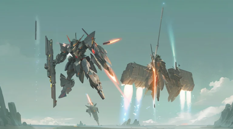 Spaceships fly in the sky,jet plane flying over, Armored Core 4, Armored Core V, Mecha machine fires bullets, Armored Core V, Armored Core V on the ground, armored core, war mechs fighting, an armored core on the ground, anime bullet vfx, Metal Gear Machinery, The spaceship flies in the background, zone of enders, fighter drones