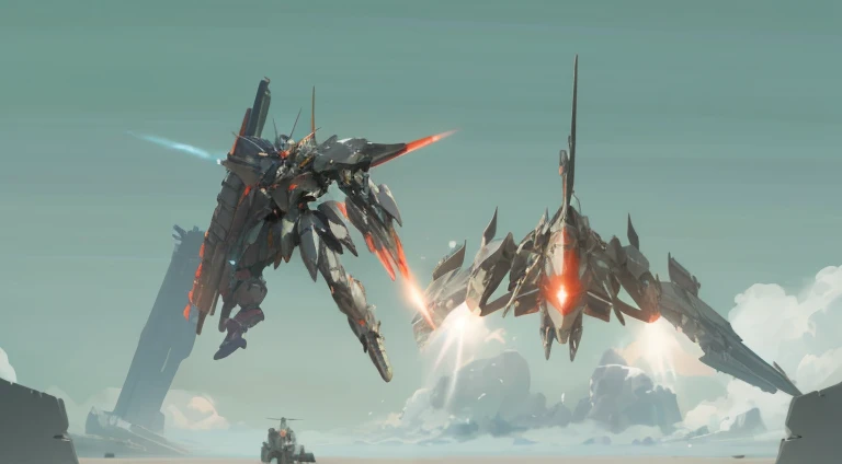 Spaceships fly in the sky，jet plane flying over, Armored Core 4, Armored Core V, Mecha machine fires bullets, Armored Core V, Armored Core V on the ground, armored core, war mechs fighting, an armored core on the ground, anime bullet vfx, Metal Gear Machinery, The spaceship flies in the background, zone of enders, fighter drones