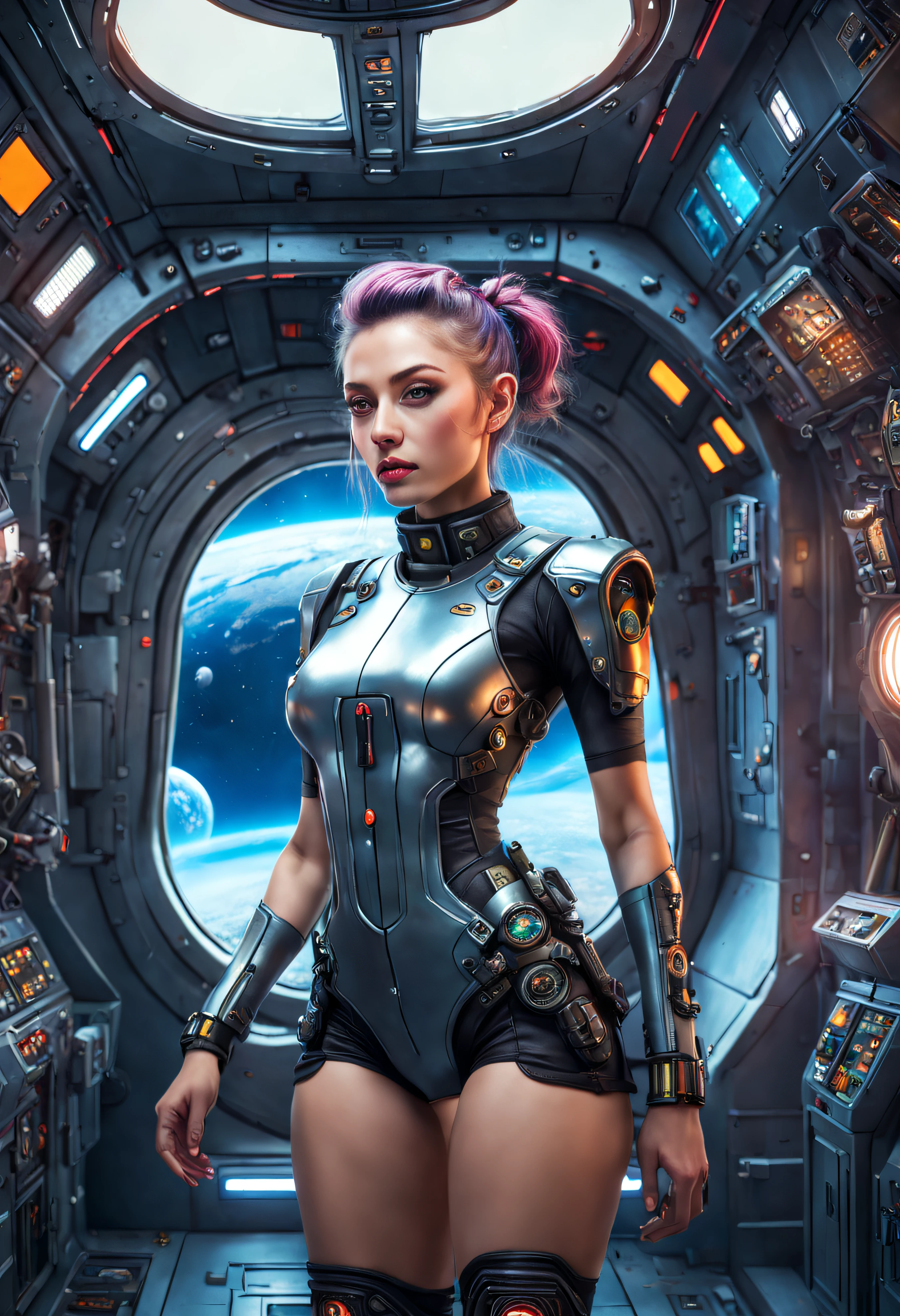 (cuerpo completo), nitida, imagen fotorrealista de una joven exuberante, espectacular, piernas de culturista, con uniforme con minifalda, cyberpunk , ((se encuentra en centro de control de estacion espacial)), color de ojos vibrante, ((intricate machine details)), alta calidad, brillante, reflejo de luz, cinematic full shot, realismo, fantasy, colores vibrantes,8k
