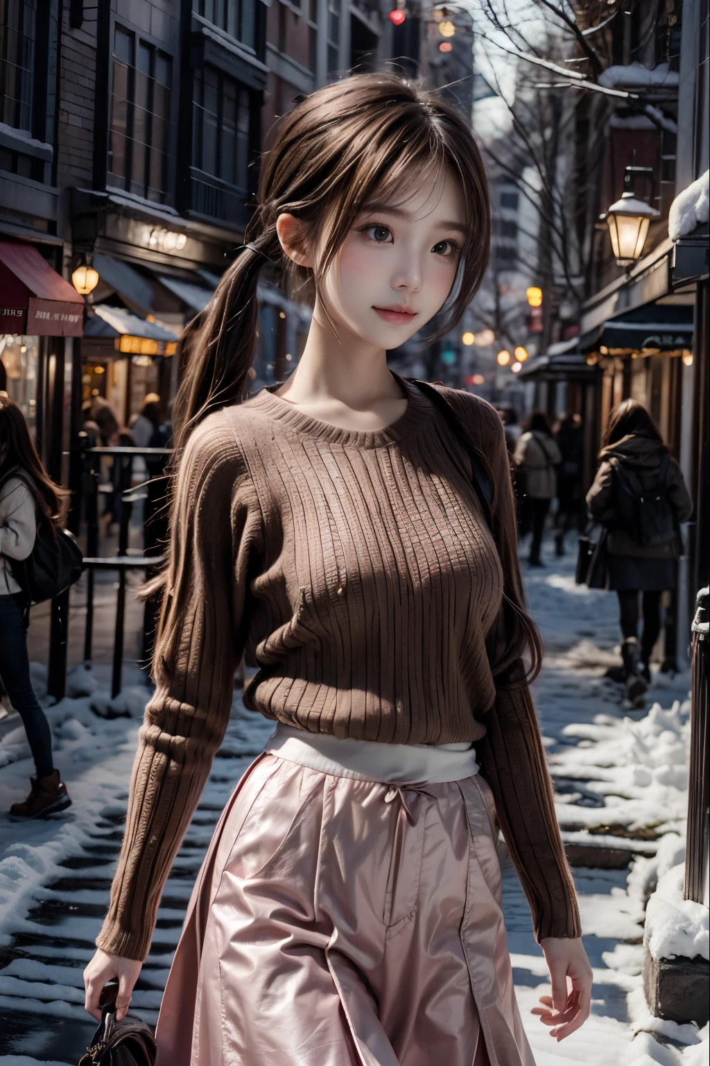 1 girl , short pony tail, light pink shirt, brown long skirt , christmas, snowing, street view.