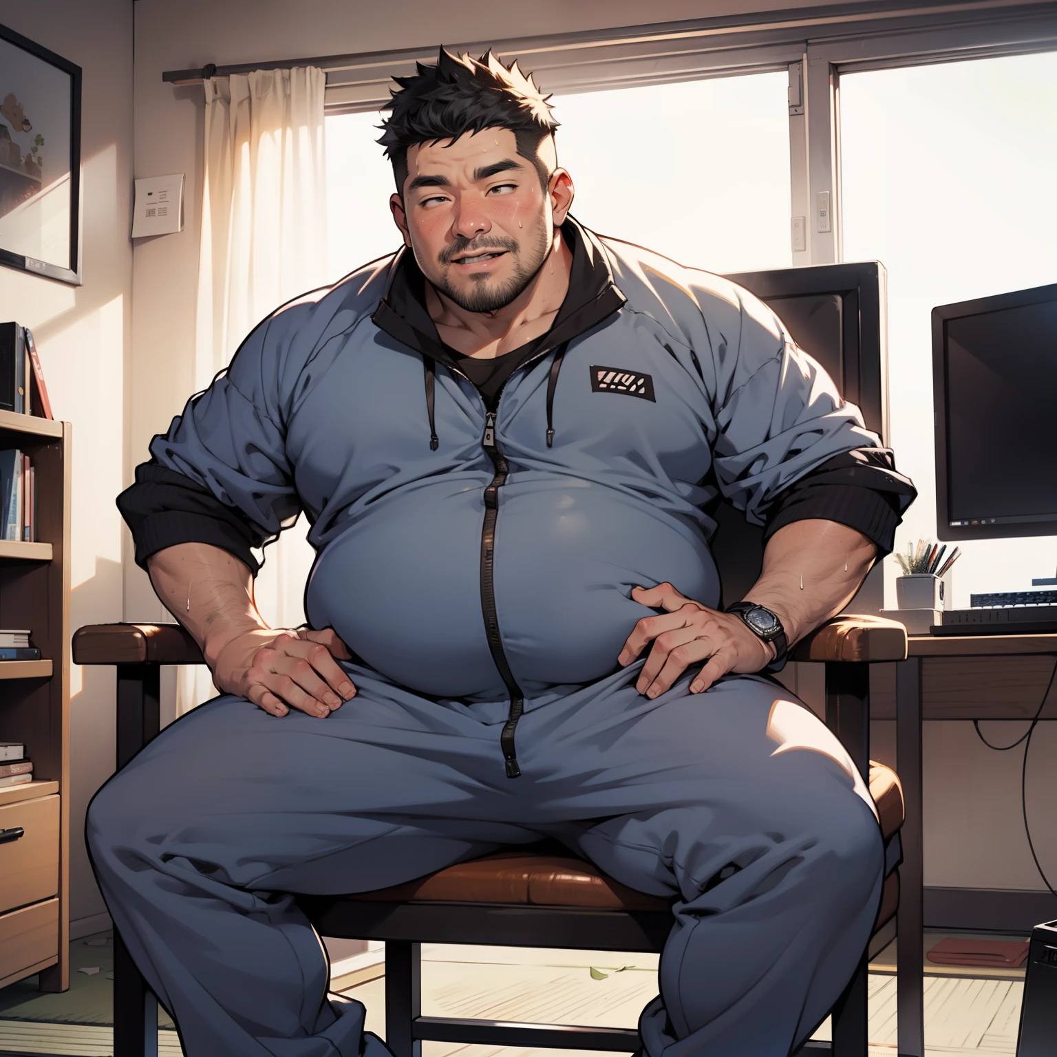 Fat middle-aged Japanese man in his 50s，obesity with protruding belly、short stature and short limbs、with round face、nerdy、Unshaven、short black curly hair，I sit on a chair in my room and go to my computer..，rub one&#39;crotch of，Dirty light gray simple sweat suit、Raised crotch、illustratio、anime styled, he is breathing heavily、blushing with excitement., 4K, hyper HD, masuter piece