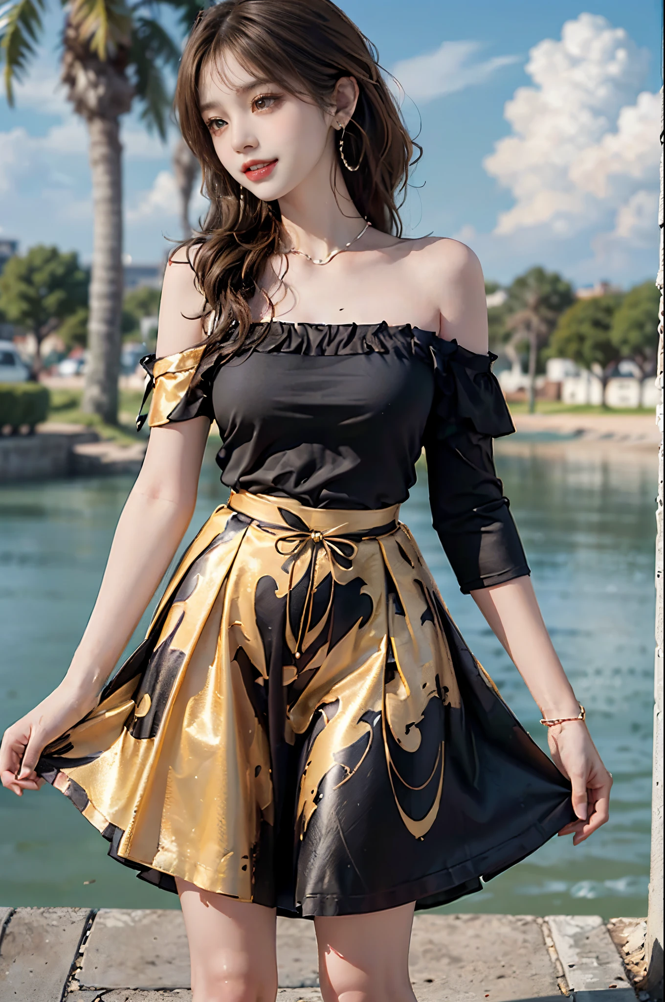 ((full bodyesbian)), ((Front Shooting)), ((actual)), ((from below)), 1个Giant Breast Girl, Posing for photos, Outdoor activities, Seafront, mostly cloudy sky, pretty legs,looking at viewert, detailed scene, curlies, Air bangs, beautiful hair ornaments, Brownish-yellow hair, ((White off-shoulder one-shoulder shirt, black short skirt)), (Campus style), warmly lit, Warm color palette, detailed detail, ultra - detailed, (tmasterpiece, Best quality), (An extremely delicate and beautiful work), elaborate earrings, delicatenecklace, simple blurr background, Extremely detailed description, Ultra-fine painting, s delicate face, slim toned body, (ssmile, teeth showing), (Anatomical correct)