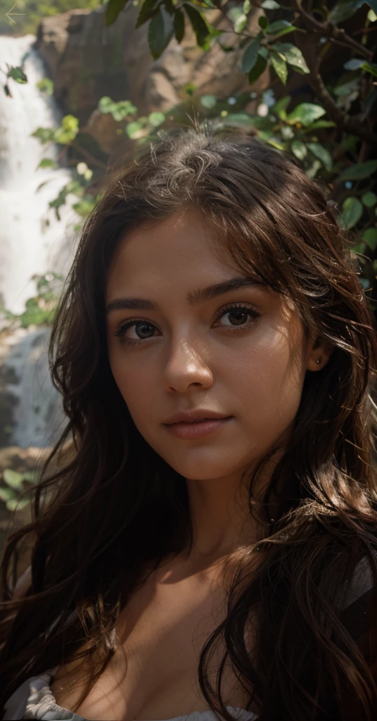 Make this girl in an ultra-detailed realistic waterfall with another backdrop