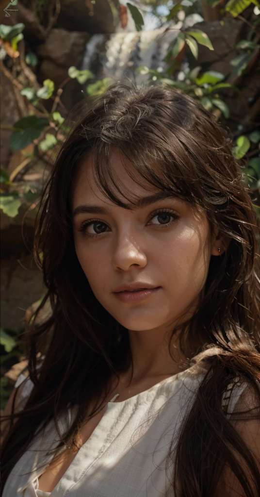 Make this girl in an ultra-detailed realistic waterfall with another backdrop