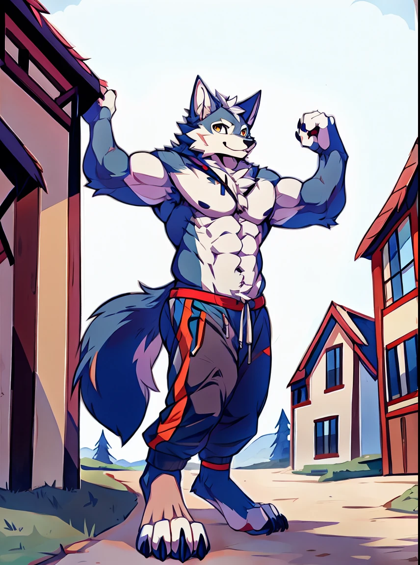 Human-wolf，musculous，Full Body Furry，paws with claws，pass upright，The upper body is naked，Short sweatpants，towns