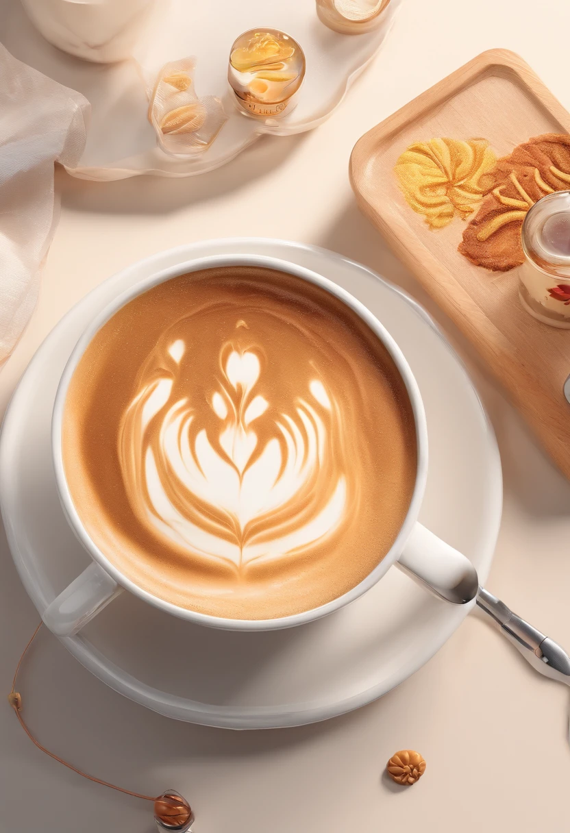 masterpiece:1.3, Photorealsitic, 8K, Creative Latte Art, Two miniature mooncake photos and latte art, White giant mug, old leica camera, Perspective from above, Movie Light, warm color,