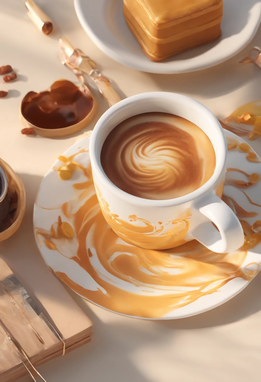 masterpiece:1.3, Photorealsitic, 8K, Creative Latte Art, Two miniature mooncake photos and latte art, White giant mug, old leica camera, Perspective from above, Movie Light, warm color,