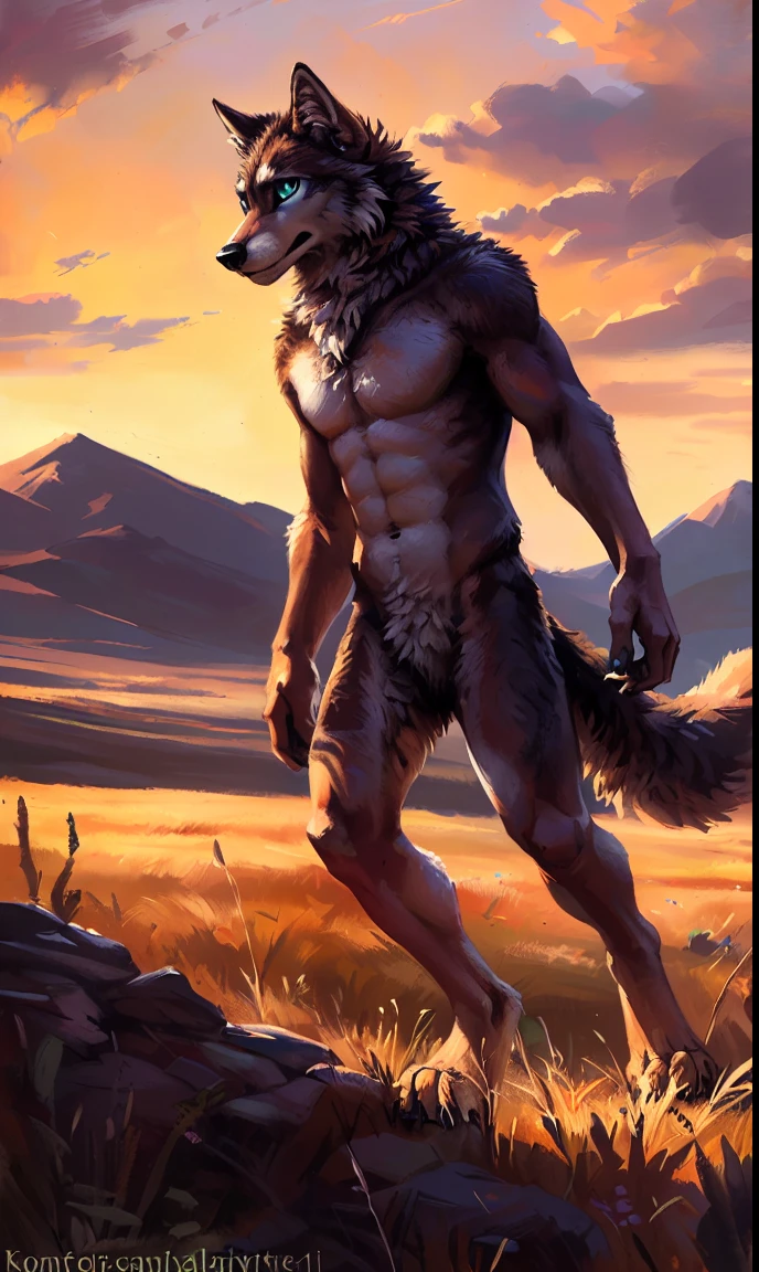 ((Solo)), male people, anthro wolf, (Multi-colored fur, White-brown:1.3，White tail pointed), (Height 2.1m,Tail length 1.5m), ((Wolf face, Big eyes, White eyelids, Blue pupil, Slim:1.2) (Tough, Calm expression:1.2)), Abs, Slim, pinging)), (Correct anatomy), Naked all over the body,A long big tail，Feet，(Realistic fur, Detailed fur texture, labeled:1.3)), (Natural lighting), Photorealistic, Hyperrealistic, ultradetailed, by Kenket，Endless grasslands，No artifacts