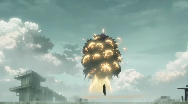 A lot of smoke rising from the clouds, anime bullet vfx, Screenshots from the 2012 animation, anime vfx, the explosion from akira, emitting spore clouds, Glowing spores fly, anime movie screenshot, Kuro anime screenshots, Anime Cloud, atmospheric anime, Screenshot of the animated movie, Huge explosion, Anime screenshots