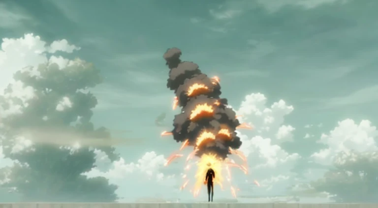 A lot of smoke rising from the clouds, anime bullet vfx, Screenshots from the 2012 animation, anime vfx, the explosion from akira, emitting spore clouds, Glowing spores fly, anime movie screenshot, Kuro anime screenshots, Anime Cloud, atmospheric anime, Screenshot of the animated movie, Huge explosion, Anime screenshots