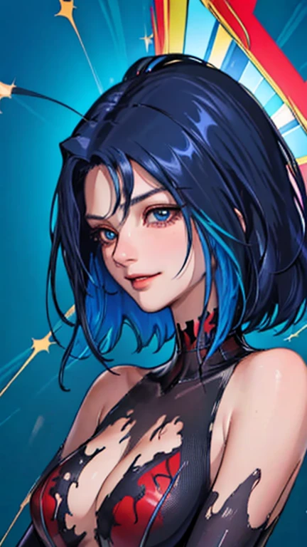 (best quality, masterpiece, colorful, dynamic angle, highest detailed) upper body photo, fashion photography of cute, dark blue hair with black highlights, torn spiderman suit,(ultrahigh resolution textures), in dynamic pose, bokeh, glowing web, (intricate details, hyperdetailed:1.15), detailed, light passing through hair, colorful art flat background(official art, extreme detailed, highest detailed), calmart, revealing clothes, coquettish, black streaks in hair, living clothes, shiny skin, dripping in fluids