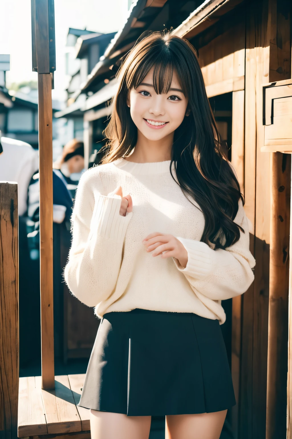 1girl in,FULL BODYSHOT、Japanese,, Black medium length hair,a little freckles,Work at a traditional food stall in Japan,Proper body proportion,Super high-quality output images,hight resolution,Intricate details,Hair fluttering in a very delicate and beautiful wind,photos realistic,Dreamy,Professional Lighting,realistic shadow,Solo Focus,Beautiful hands,Beautiful fingers,Detailed hair features,detailed facial features, no-bra、White small high-leg panties,skirt rift,,Dynamic Pose、wearing cool shorts、Wear a cute long sleeve sweater、