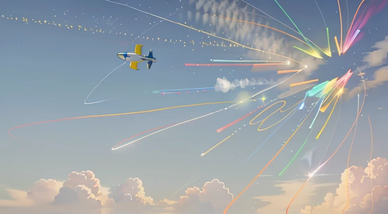 There are many kites in the sky,There are a lot of lights, laser in flight, missiles explosions in the sky, wires flying in the air, emitting spore clouds, Condensation trails, flying particles, missile, flares anamorphic, anamorphic flares, light streaks in the sky, Drones in the sky, video static, boost flare, Particles are flying