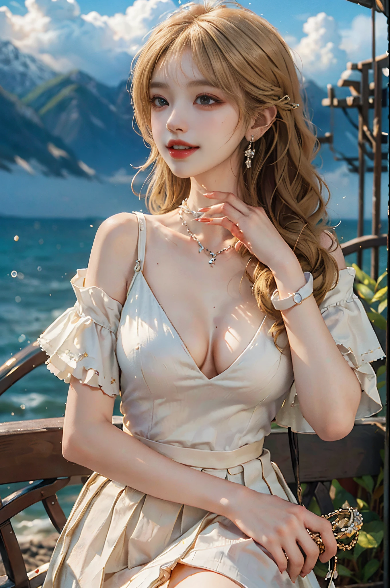 ((knee shot))), ((Front Shooting)), ((actual)), 1个Giant Breast Girl, Posing for photos, Outdoor activities, Seafront, mostly cloudy sky, pretty legs,looking at viewert, detailed scene, curlies, Air bangs, beautiful hair ornaments, Brownish-yellow hair, ((White color blouse, DEEP-V COLLAR, black micro skirt)), (Campus style), warmly lit, Warm color palette, detailed detail, ultra - detailed, (tmasterpiece, Best quality), (An extremely delicate and beautiful work), elaborate earrings, delicatenecklace, simple blurr background, Extremely detailed description, Ultra-fine painting, s delicate face, slim toned body, (ssmile, teeth showing), (Anatomical correct)