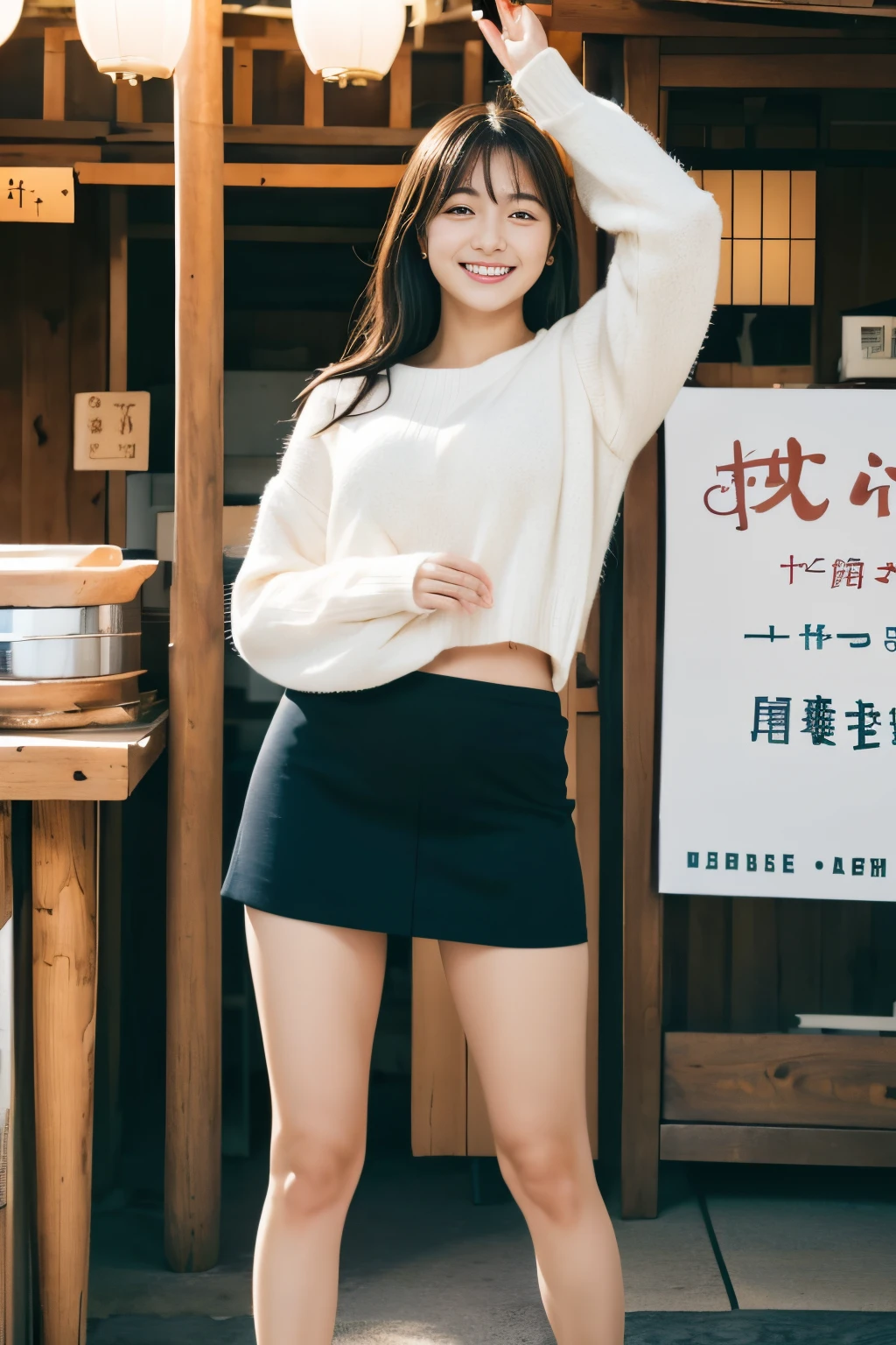 1girl in,FULL BODYSHOT、Japanese,, Black medium length hair,a little freckles,Work at a traditional food stall in Japan,Proper body proportion,Super high-quality output images,hight resolution,Intricate details,Hair fluttering in a very delicate and beautiful wind,photos realistic,Dreamy,Professional Lighting,realistic shadow,Solo Focus,Beautiful hands,Beautiful fingers,Detailed hair features,detailed facial features, no-bra、White small high-leg panties,skirt rift,,Dynamic Pose、wearing cool shorts、Wear a cute long sleeve sweater、