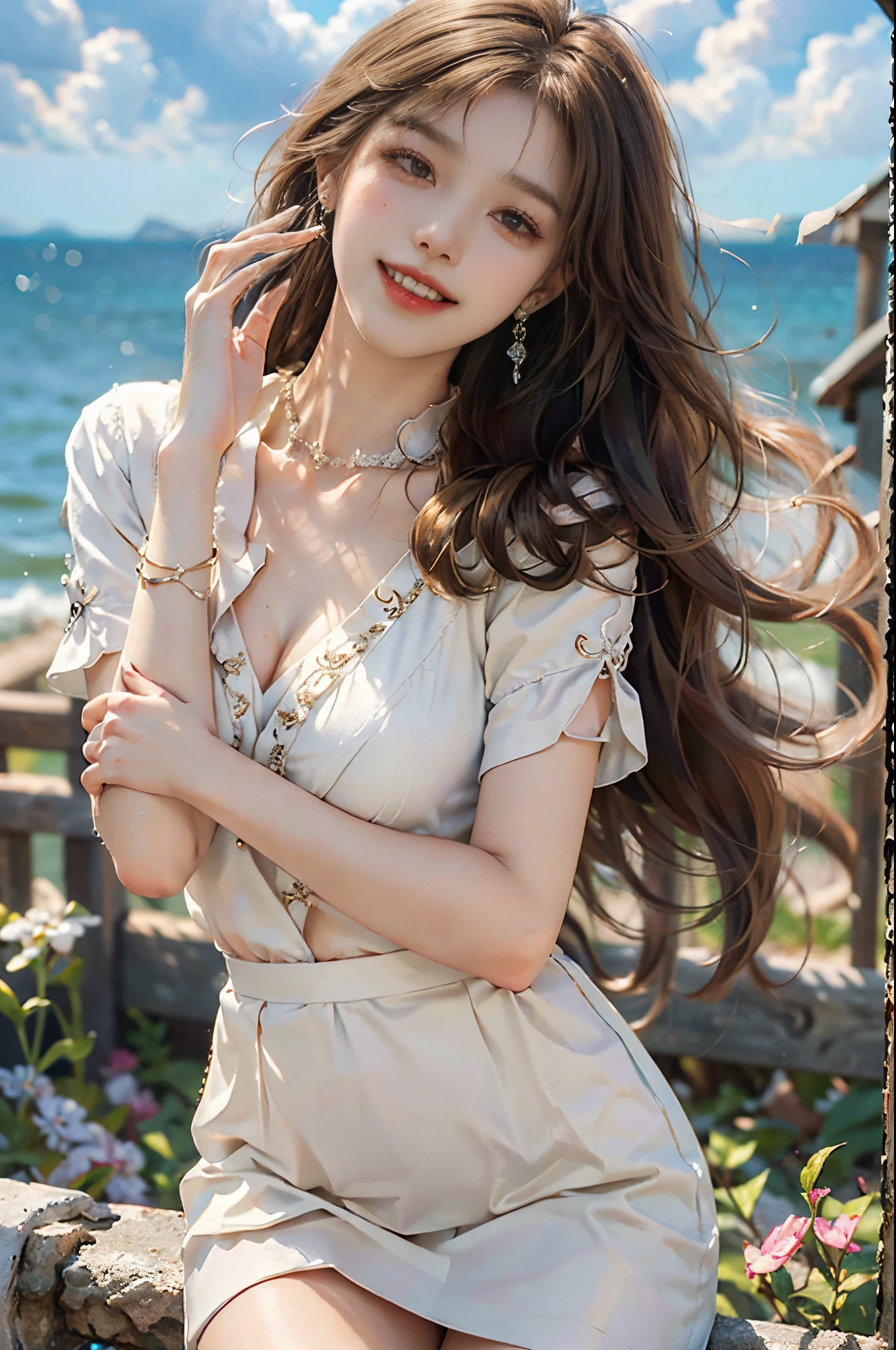 Young goddess, (Her clothes are all flipping up by extremely strong wind:1.5), (wearing robe, tiara, necklace, (blonde | auburn) hair, blue eyes), (background random great nature), (laughing, big smiling), { (dramatic lighting:1), (rembrandt lighting:1.2), surrealism, god rays }, ((masterpiece, 8K highest resolution)), wide view, { (seen from back:0), (reveal pelvis:0) }