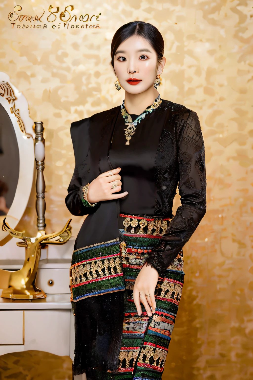 a woman in a black dress standing next to a mirror, in style of lam manh, ao dai, wearing an elegant tribal outfit, wearing an ornate outfit, inspired by Tang Di, sukhothai costume, ornate attire, idian dress, nivanh chanthara, wearing ornate clothing, traditional beauty, elegant and extremely ornamental, traditional dress