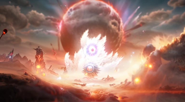 There is a picture of a clock exploding in the sky, Surreal nuclear eclipse explosion, red planetoid exploding, doomsday nuclear weapons, powerful explosions, spirits coming out of portal, Supernova explosion, the explosion from akira, explosions in the background, Explosion in the background, apocalyptic spherical explosion, Nuclear cloud, Exploding planet in the background