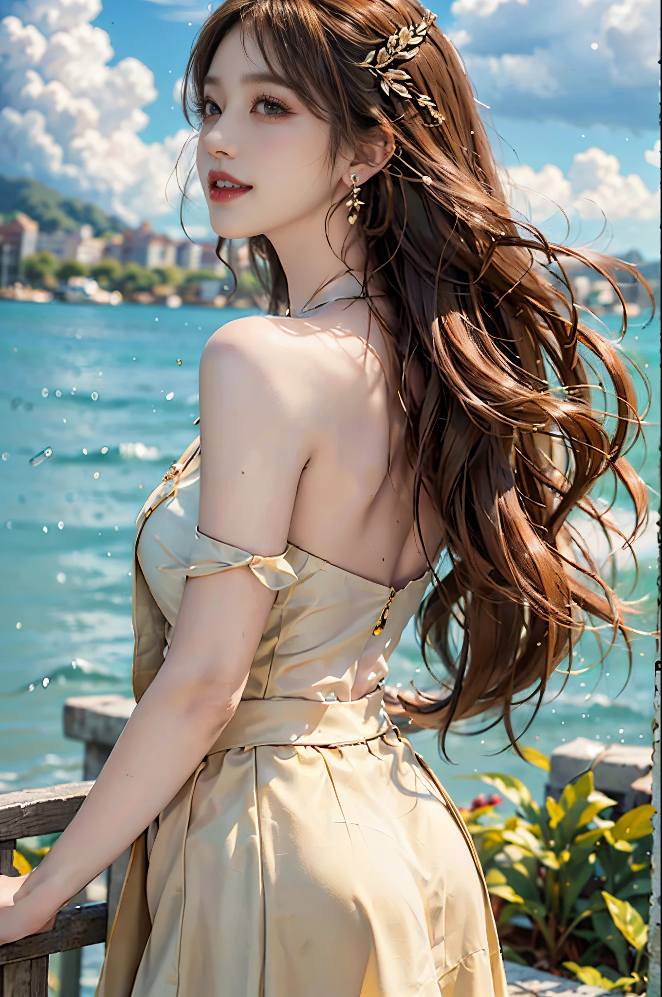 ((knee shot))), ((Front Shooting)), ((actual)), 1个Giant Breast Girl, Posing for photos, Outdoor activities, Seafront, mostly cloudy sky, pretty legs,looking at viewert, detailed scene, curlies, Air bangs, beautiful hair ornaments, Brownish-yellow hair, ((White color blouse, DEEP-V COLLAR, black micro skirt)), (Campus style), warmly lit, Warm color palette, detailed detail, ultra - detailed, (tmasterpiece, Best quality), (An extremely delicate and beautiful work), elaborate earrings, delicatenecklace, simple blurr background, Extremely detailed description, Ultra-fine painting, s delicate face, slim toned body, (ssmile, teeth showing), (Anatomical correct)