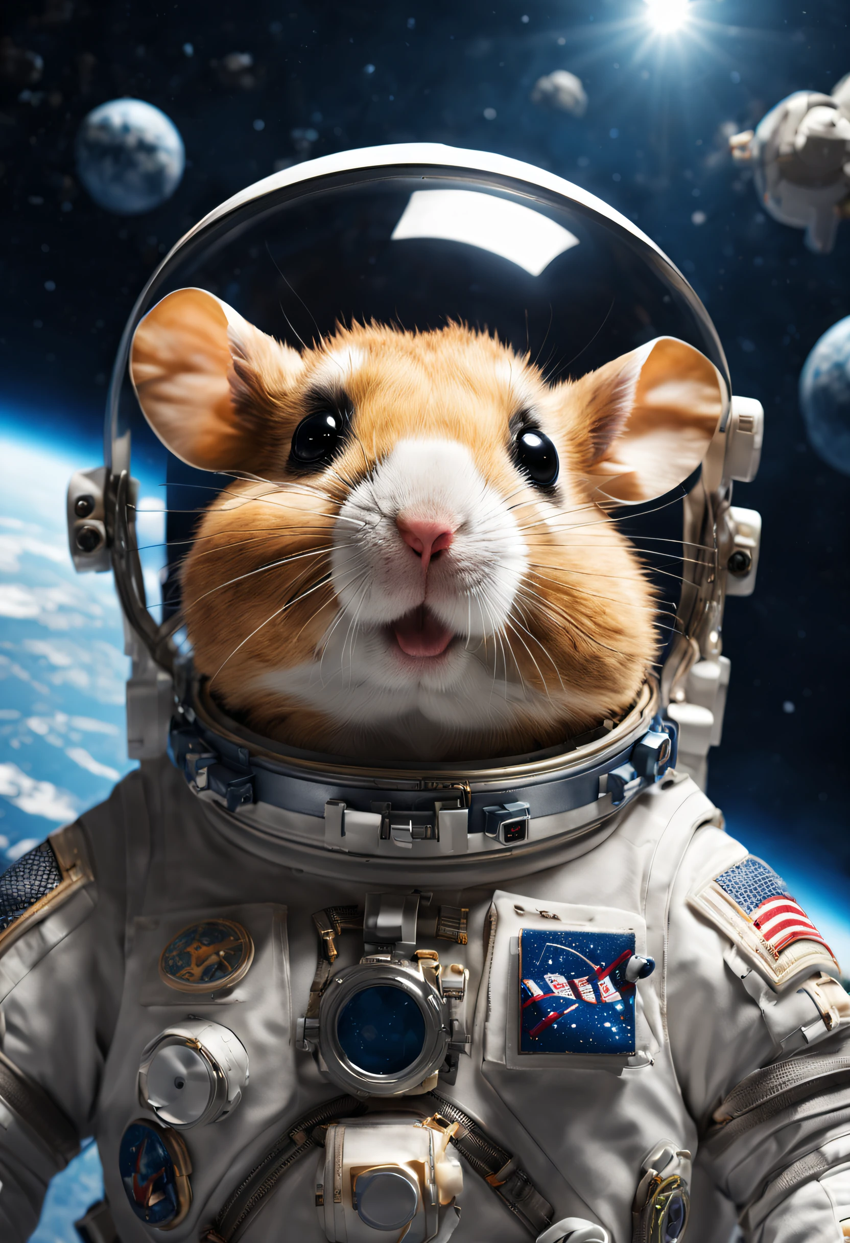 hamster, The astronaut, Full body lesbian, floats in space，with earth in the background, Fantastical, anthropomorphic turtle, HighDynamicRange, Cinematic, soothing tone, high high quality, Complicated details, the detail, 4K, a 3D render, Focus sharp, Surrealism--q 2 --v 5