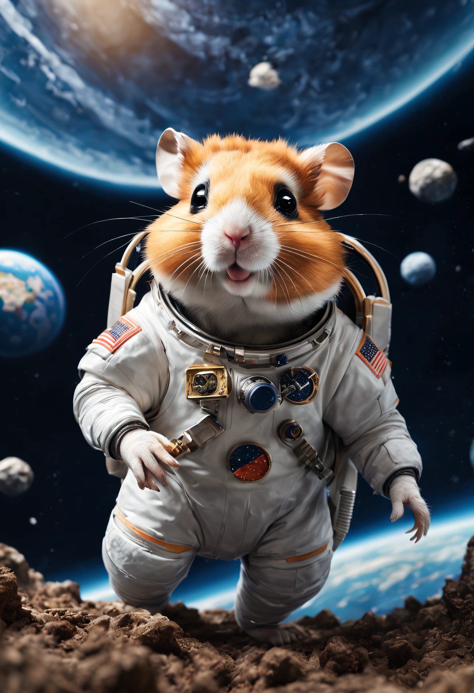 hamster, The astronaut, Full body lesbian, floats in space,with earth in the background, Fantastical, anthropomorphic turtle, HighDynamicRange, Cinematic, soothing tone, high high quality, Complicated details, the detail, 4K, a 3D render, Focus sharp, Surrealism--q 2 --v 5