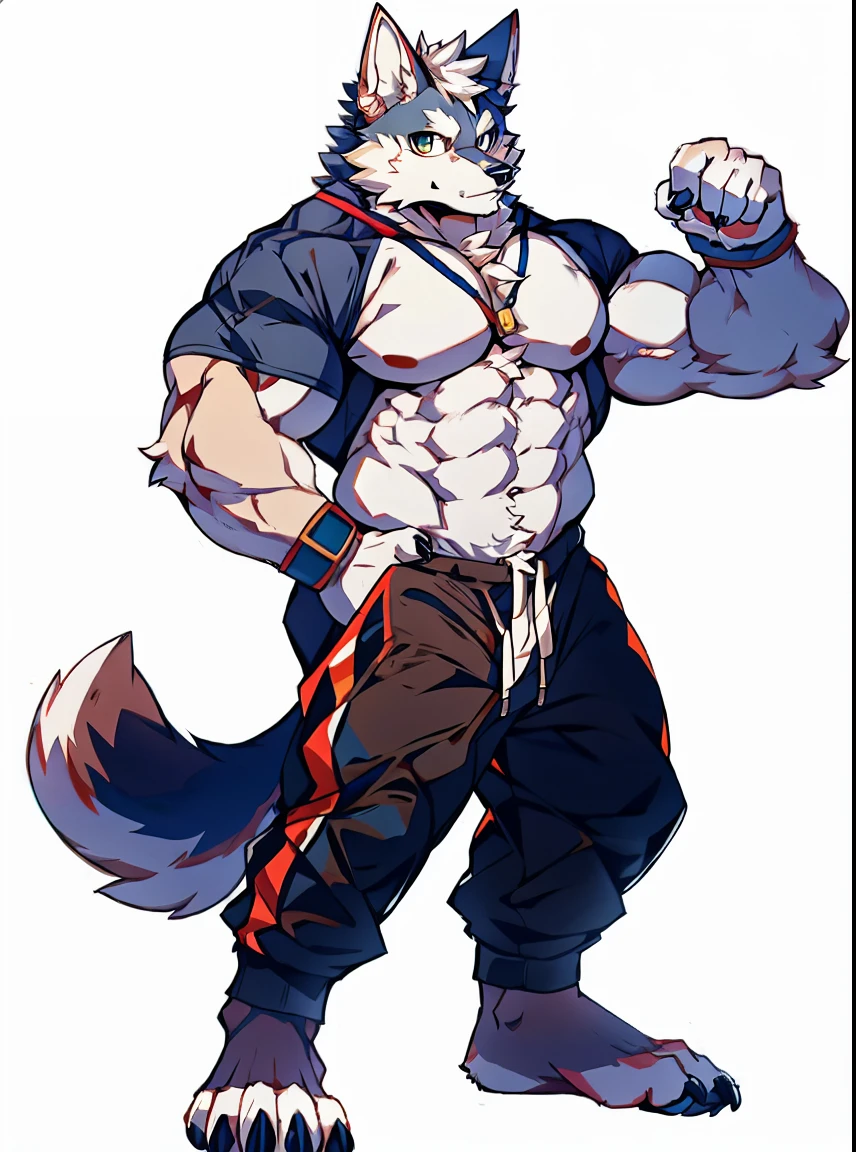 Human-wolf,Muscular,Full Body Furry,paws with claws,pass upright,The upper body is naked,Short sweatpants,城市