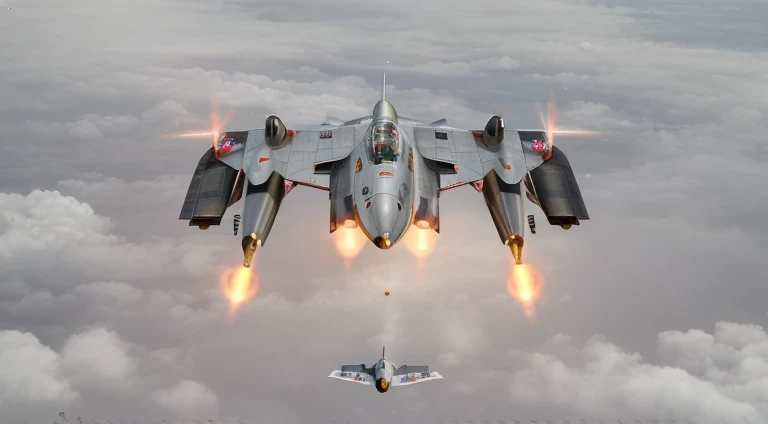 There is a jet flying in the air,and emit smoke, valkyrie fighter jet, fighter drones, HD visual effects-9, Japanese Computer Graphics, anime bullet vfx, Chrono Fortress style, Jet fighter, acecombat, Shmpu, fighter jets, Ace air combat, strafing attack aircraft, 5th gen fighter, starfighter, simulated space combat, jetfire