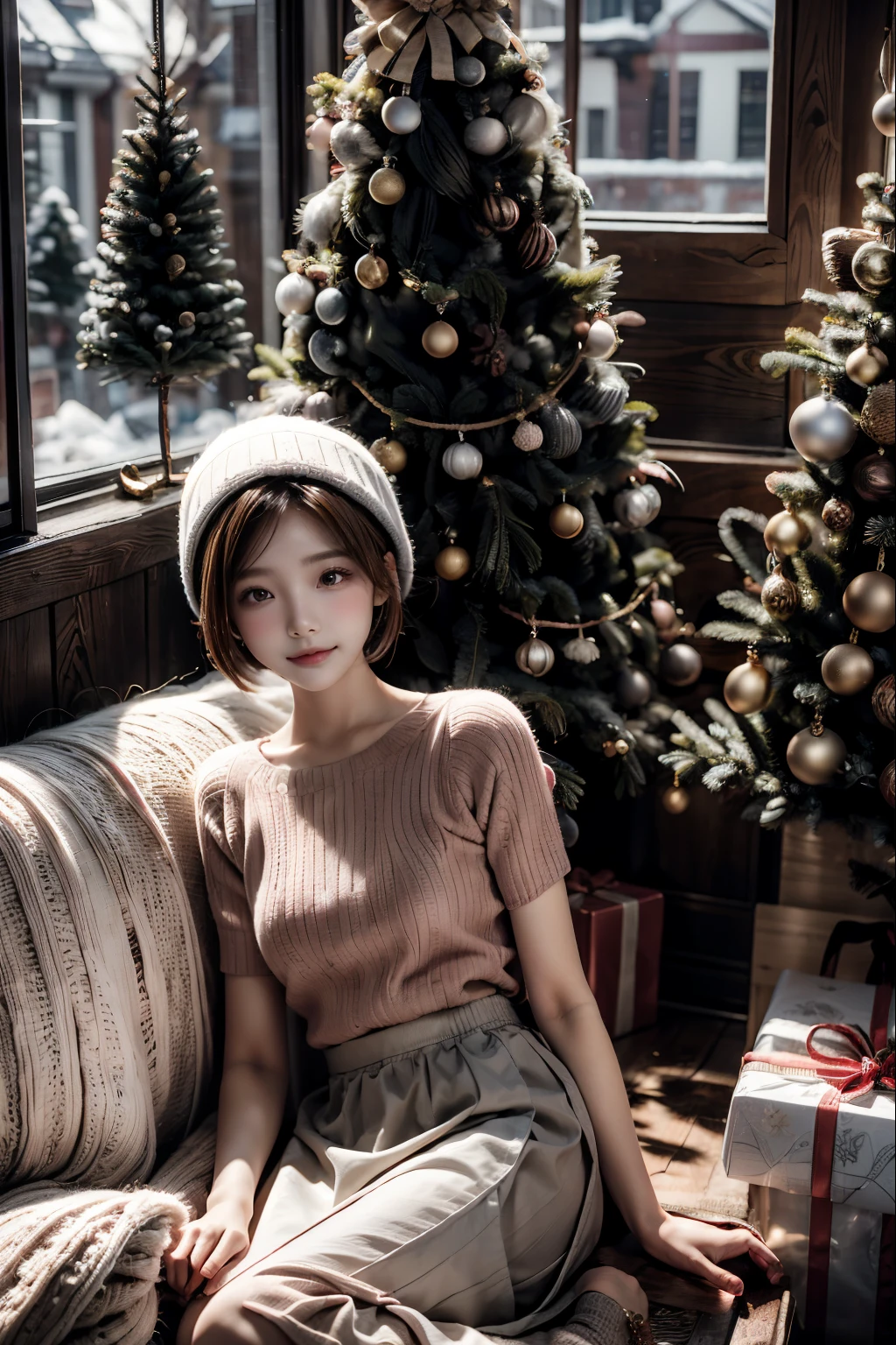 1 girl , short hair , light pink shirt, brown long skirt , There is a christmas tree indoors, Snow outside the window.