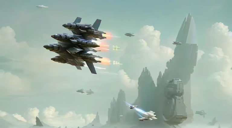 There is a jet flying in the sky There is a jet flying in the sky, Armored Core V, Armored Core V, Armored Core 4, Spaceship flying above, Sci-fi spaceships in battle, The spaceship flies in the background, HD visual effects-9, valkyrie fighter jet, stunning visuals, Visual effects shots, Armored Core V on the ground, Spaceships fly around