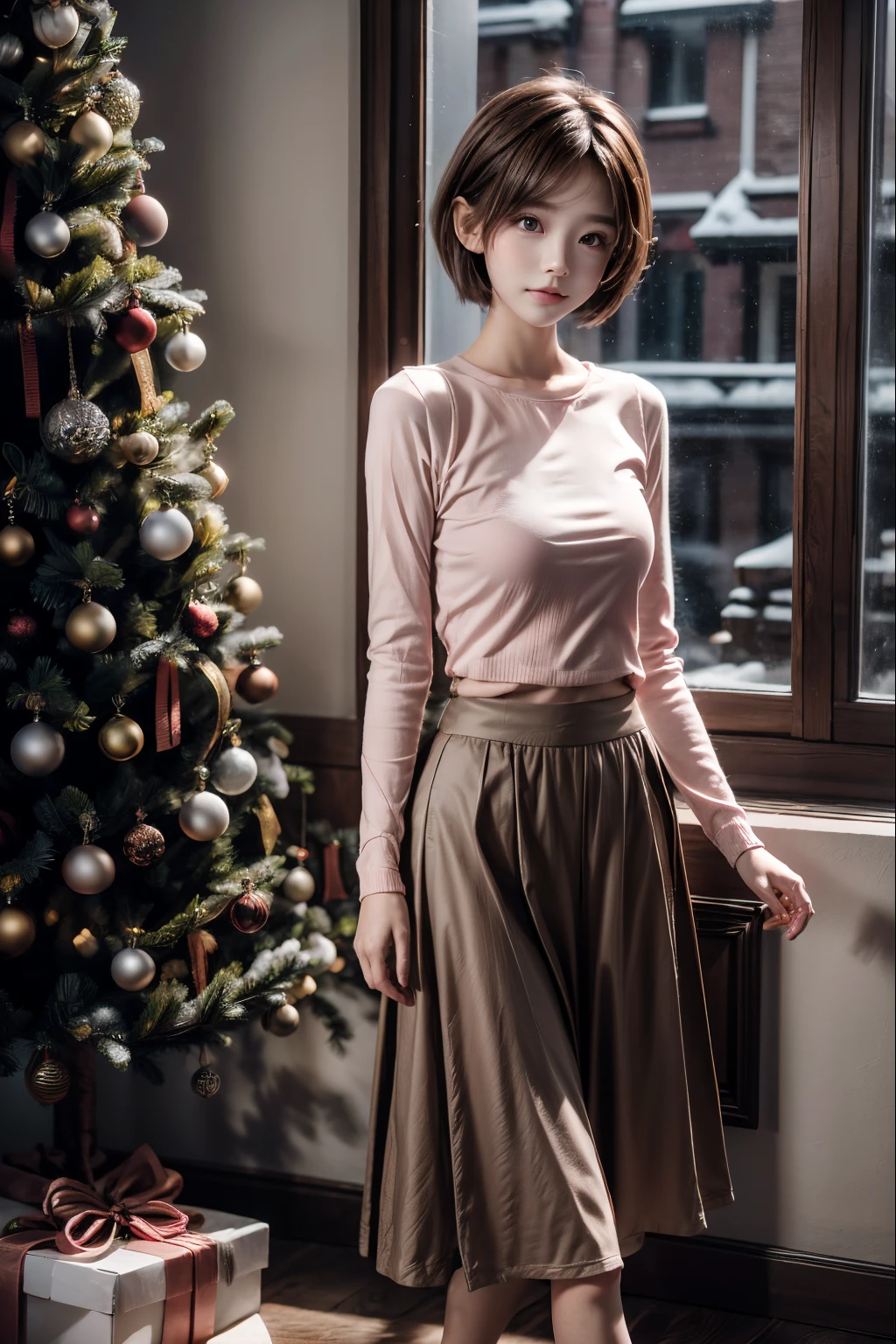 1 girl , short hair ,  light pink shirt, brown long skirt , There is a christmas tree indoors,  Snow outside the window.