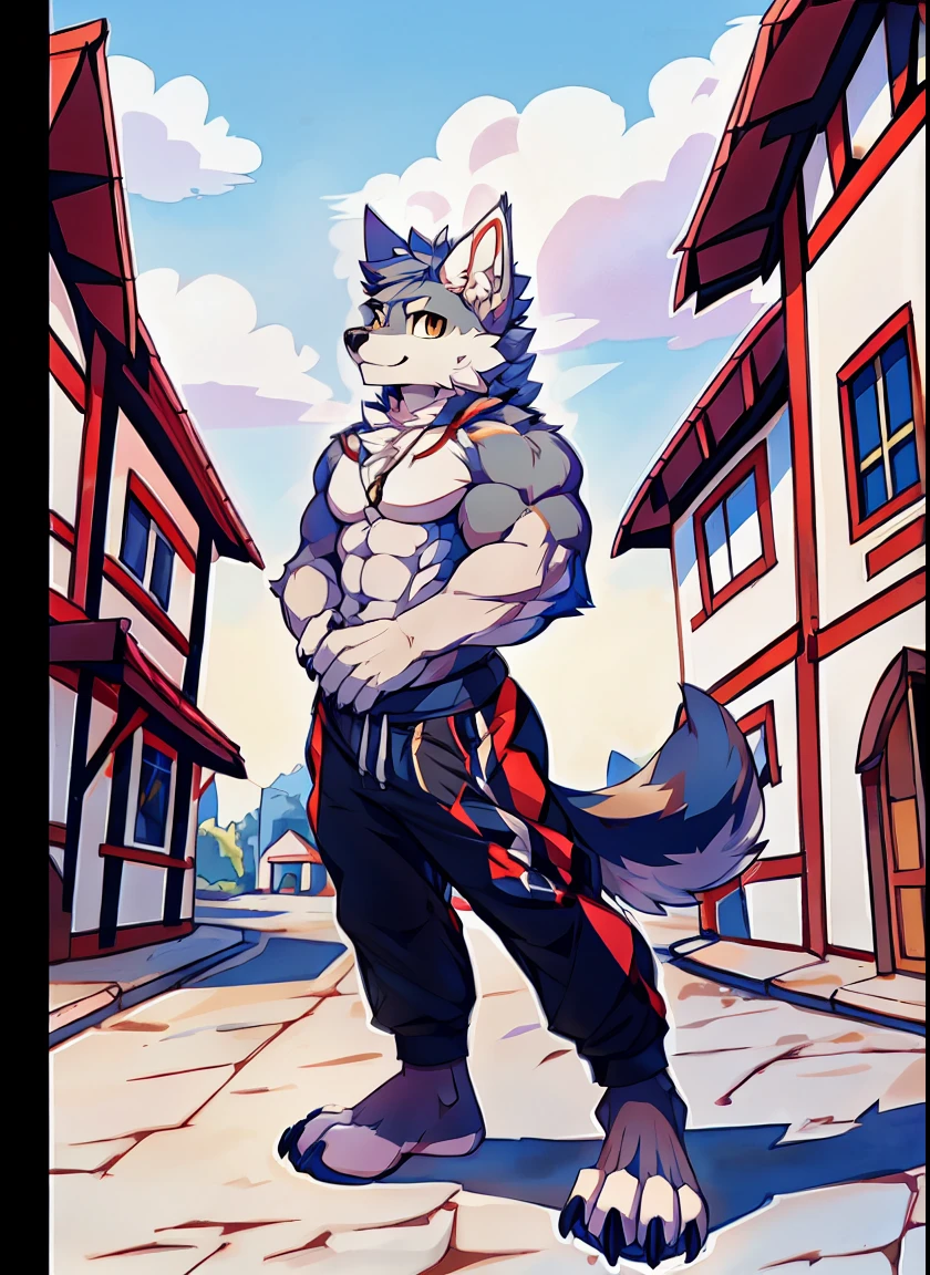 Human-wolf，musculous，Full Body Furry，paws with claws，pass upright，The upper body is naked，Short sweatpants，towns