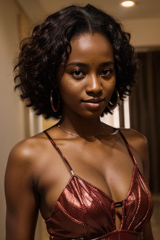 masterpiece, 8k, wallpaper, high quality, african black girl with dreadlocks in elegant red dress flashing naked tits , smiling