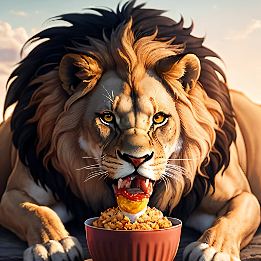 Lion eating cereal with a bite out of it's mouth - SeaArt AI