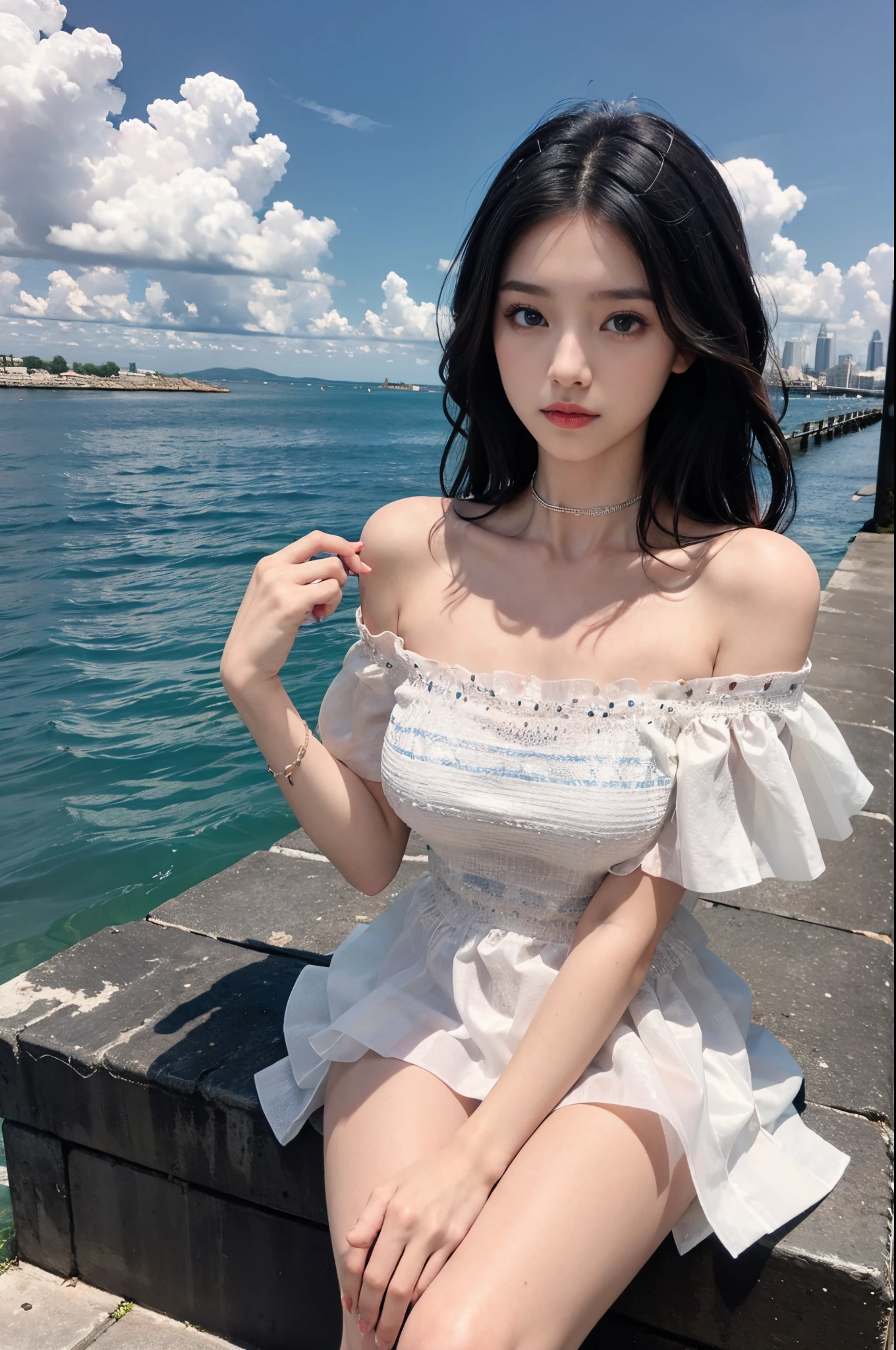 Asian woman by the sea，sexy for，naked leg，White panties，Skinny leaky T-shirt，2 2 years old，thicc，She was about 26 years old，Height 170 cm，korean people，Delicate face，realisticlying，goddes，very Bigger breasts