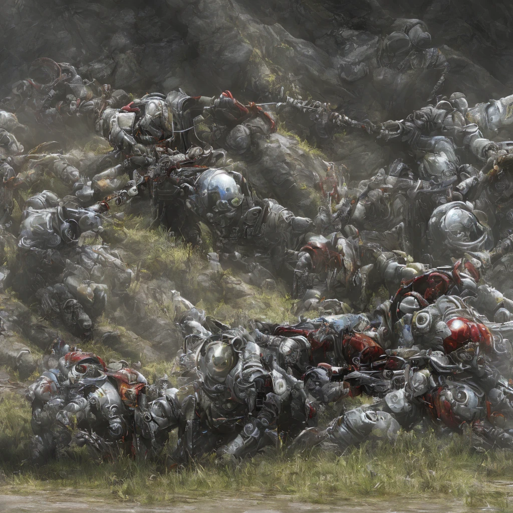 Photorealistic, 4k, space soldier in ((red power armor mechsuit)), angular shoulders torso, robotic actuator synthetic musculature frame covered by amorphous metal titanium polycerometallic (((exoskeletal armored plating))), astartes breather helmet has long oxygen tubes, aiming a long heavy railgun, ((biomechanical nanofiber machine joints)), synthetic robotic musculature sinews between armor plates, warhammer 40k facemask, gigeresque, grimdark dystopian, transhumanist weaponry, enochian sigils engraved on the sleeves, ((postapocalyptic hunter warrior,)) nuclear fallout wasteland with dead bodies burning ruins background, 007 U-463 utile kakashnavol d16-tilt riyorhethamab micma od adgt sonf 007 top