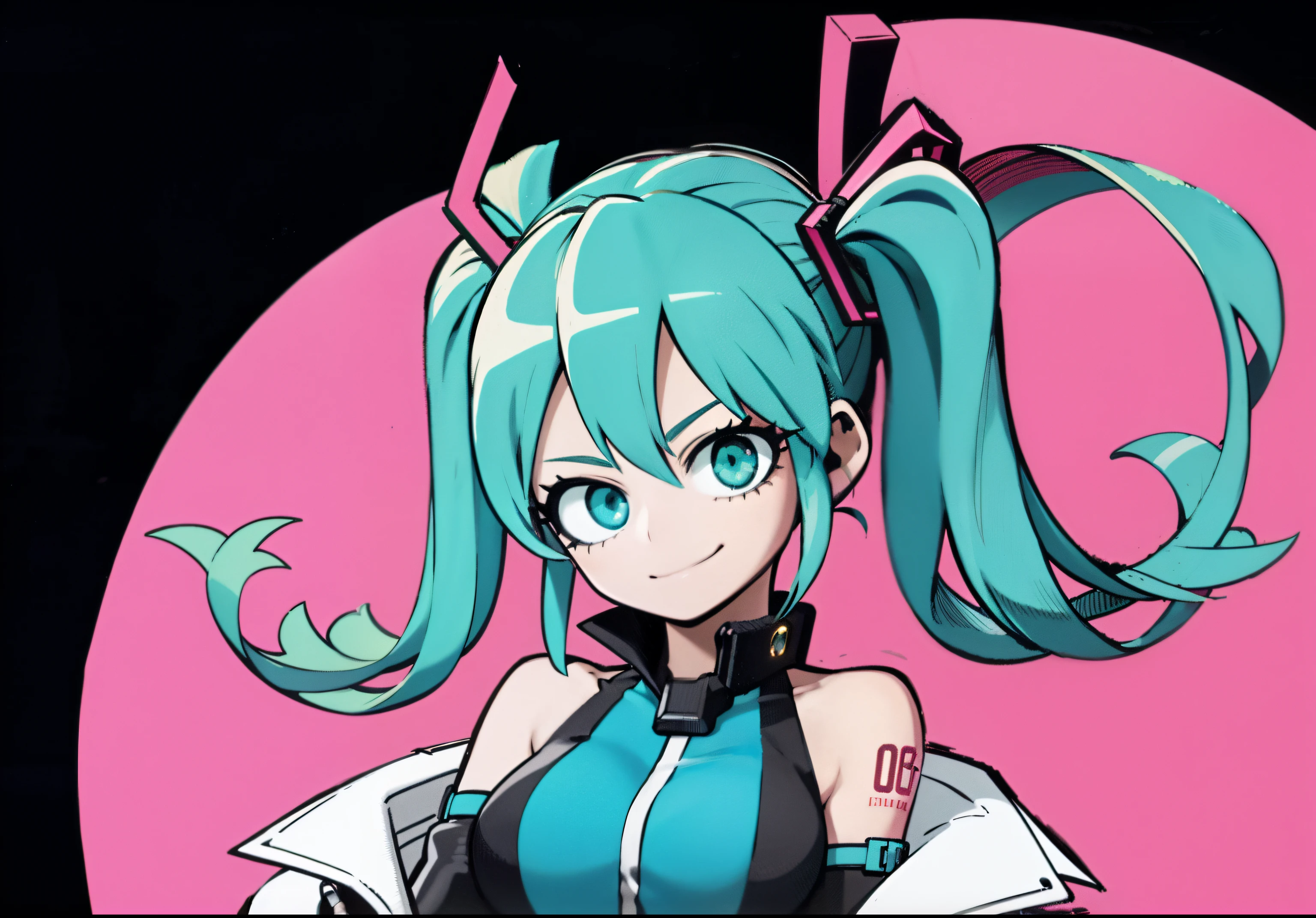 1girl in,Smile,Cowboy Shot, Wear a jacket,Big breasts Hatsune Miku,City Neon Lights,looking at the stars