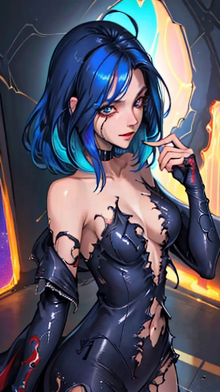 (best quality, masterpiece, colorful, dynamic angle, highest detailed) upper body photo, fashion photography of cute, dark blue hair with black highlights, torn spiderman suit,(ultrahigh resolution textures), in dynamic pose, bokeh, glowing web, (intricate details, hyperdetailed:1.15), detailed, light passing through hair, colorful art flat background(official art, extreme detailed, highest detailed), calmart, revealing clothes, coquettish, black streaks in hair, living clothes, shiny skin, dripping in fluids