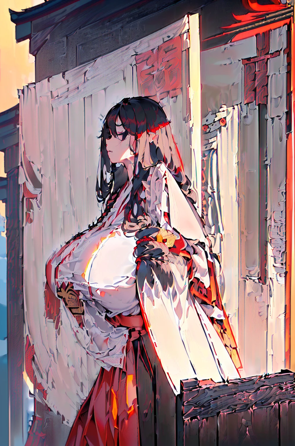 (((gigantic breasts))),((((((Long black hair)))))(((vulgarity))(((Black eyes))),(((large areolae)))(((disproportionate breasts))),(((gigantic breasts))) (1girl),((masterpiece)), ((best quality)), ((highest quality)), ((ultra-detailed)), ((8k cg wallpaper)), ((extremely delicate and beautiful)), ((illustration)), ((1girl, solo)), ((shrine maiden outfit)), ((miko)), ((red skirt)), ((red hakama))