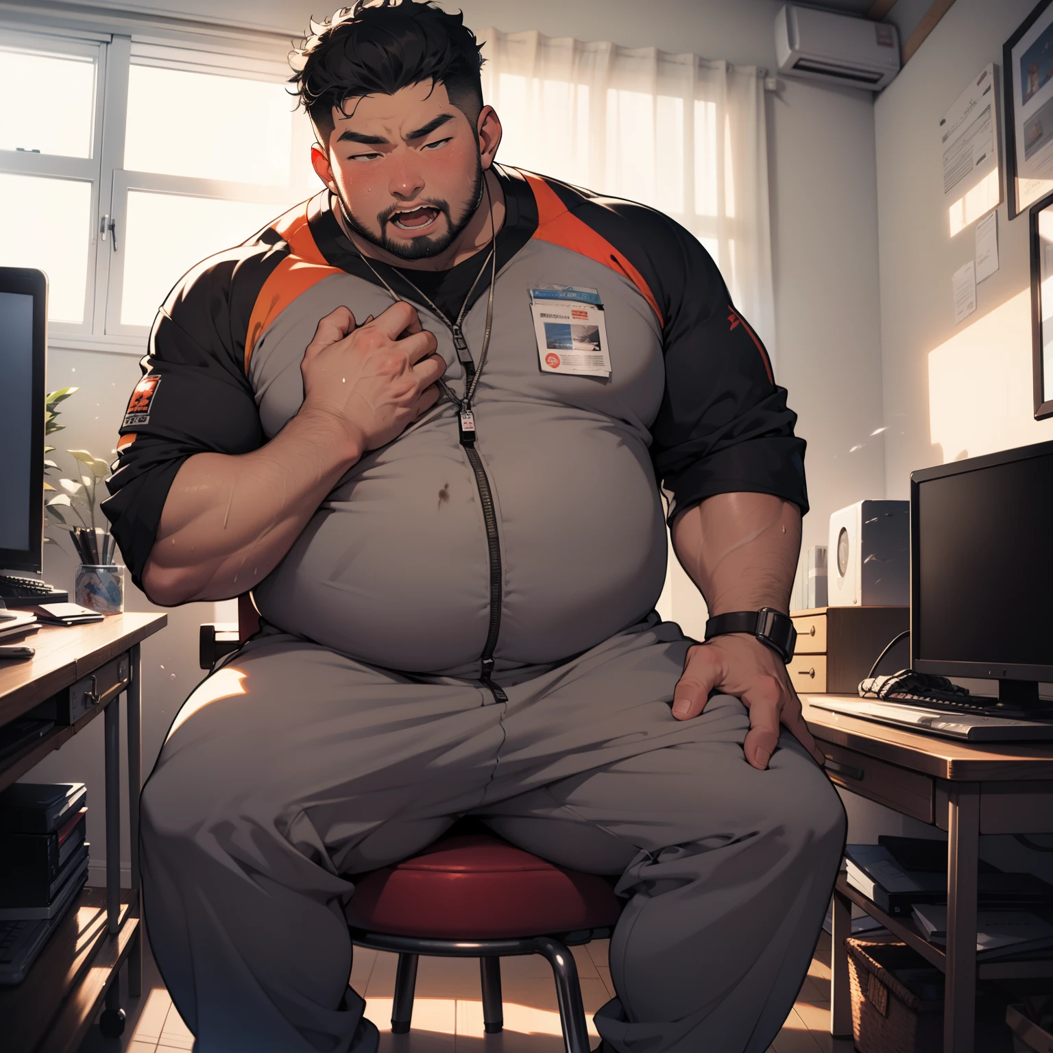 Japanese thick middle-aged man in his 50s,obesity with a protruding belly、short stature and short limbs、Round jaws、nerdy、short black curly hair,I sit in a chair in my room and go to my computer.,rub one's crotch,Dirty light gray simple sweat suit、Raised crotch、illustratio、anime styled, He is breathing heavily and blushing excitedly., 4K, hyper HD, masuter piece