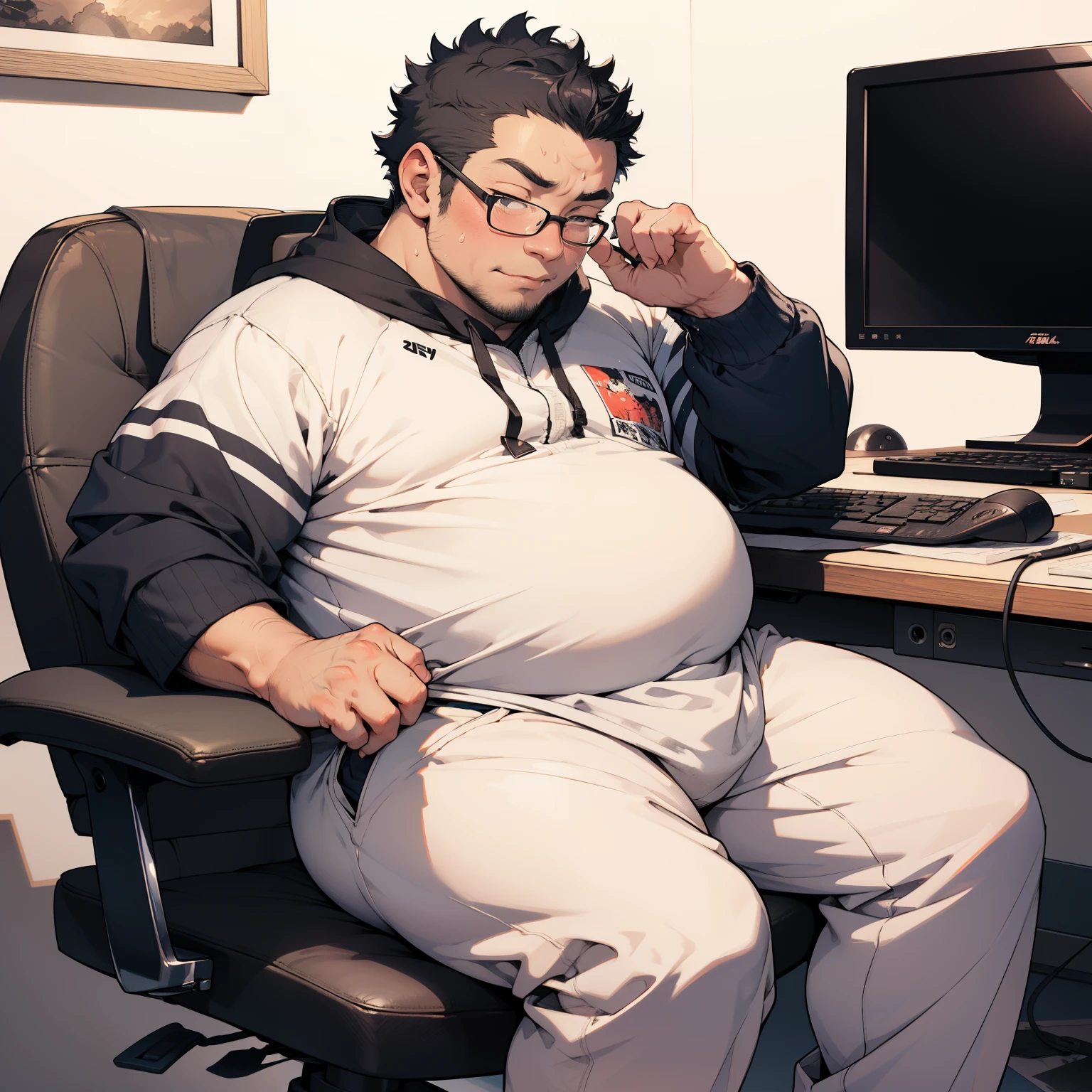Japanese thick middle-aged man in his 50s,obesity with a protruding belly、short stature and short limbs、Round jaws、nerdy、short black curly hair,I sit in a chair in my room and go to my computer.,rub one's crotch,Dirty light gray simple sweat suit、Raised crotch、illustratio、anime styled, He is breathing heavily and blushing excitedly., 4K, hyper HD, masuter piece